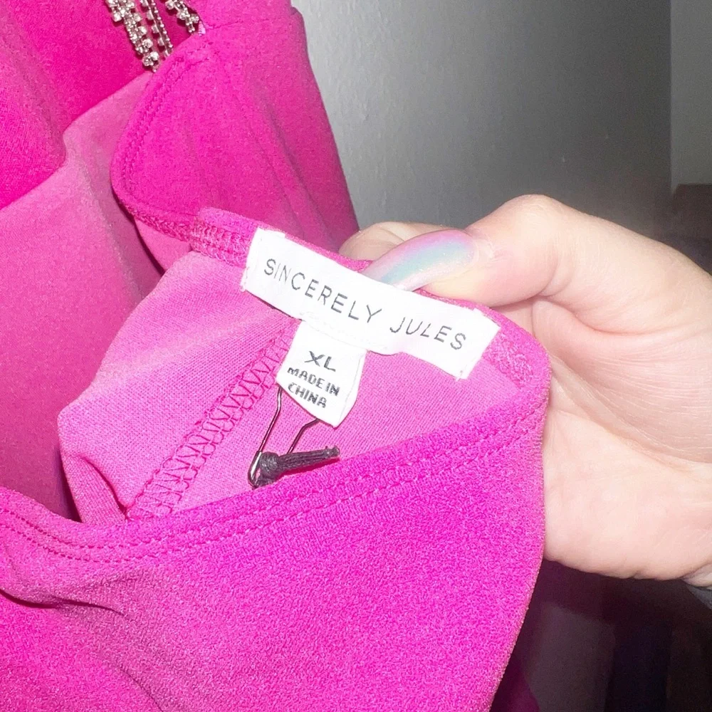 Sincerely Jules hot pink glitter fringe open back high neck mini dress - Picture 8 of 13